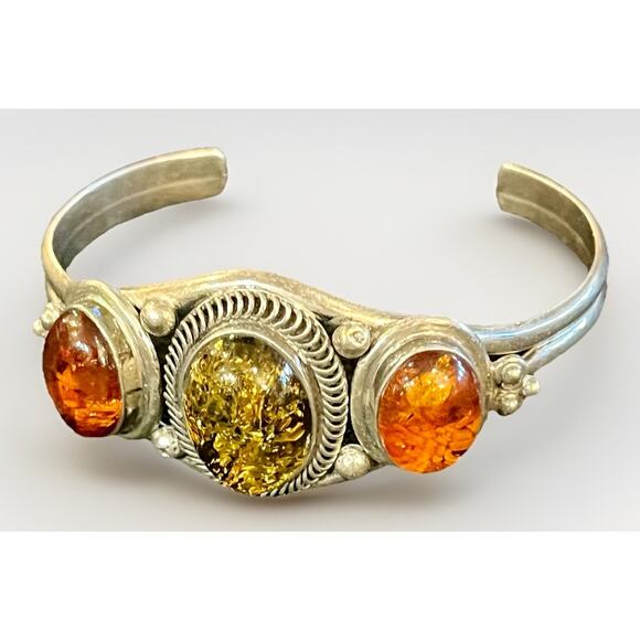 Signed Navajo Sterling Silver Amber Gemstone Cuff Bracelet 925 Native American - Picture 2 of 15